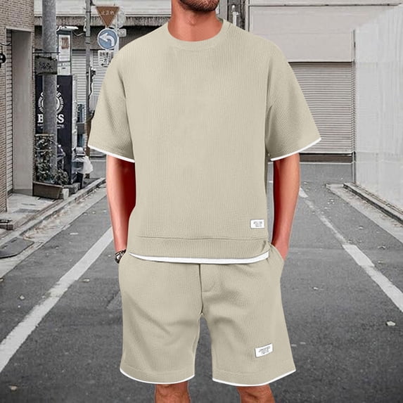 gbyLJF Men's Summer 2 Piece Outfits Short Sleeve Crewneck T Shirt and Shorts Casual Set Tracksuit Set with PocketsKhaki,XXL