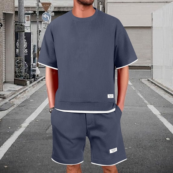 gbyLJF Men's Summer 2 Piece Outfits Short Sleeve Crewneck T Shirt and Shorts Casual Set Tracksuit Set with PocketsNavy,XXL