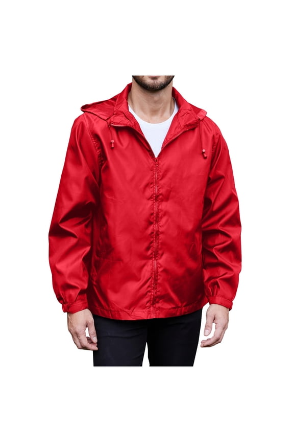 Men's Thin Windbreaker Solid Color Zip Up Hiking Mountain Climbing Jacket Drawstring Hooded Casual Sports Jackets with Pockets
