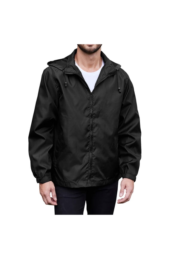 Men's Thin Windbreaker Solid Color Zip Up Hiking Mountain Climbing Jacket Drawstring Hooded Casual Sports Jackets with Pockets