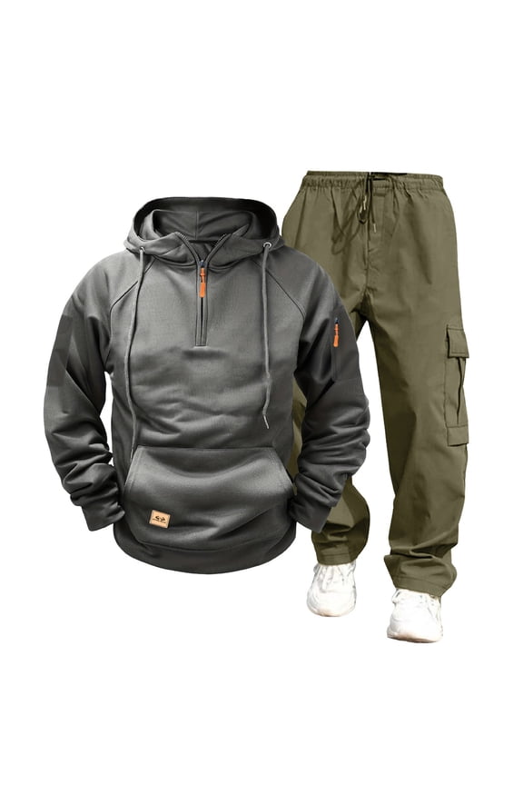 Men's Tracksuit 2 Piece Quarter Zip Hooded Sweatshirts Running Jogging Sport Suit Sets Solid Color Casual Sweatsuit