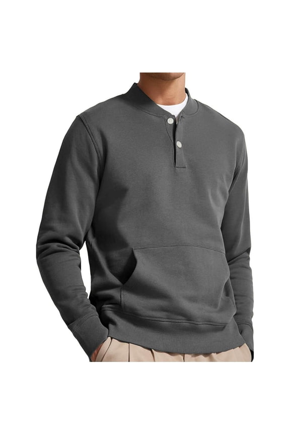 Men's V-neck Button Top Solid Color Long Sleeve Casual Pullover Shirts Loose and Comfortable Blouse with Pockets