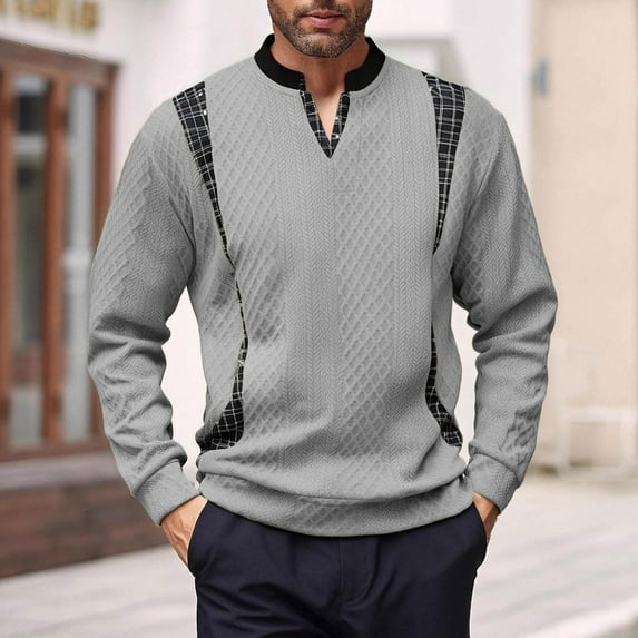gbyLJF Men's V-neck Jacquard Pullover Solid Color Patchwork Long Sleeve Sweatshirt Casual Fashion Regular Fit Sweaters