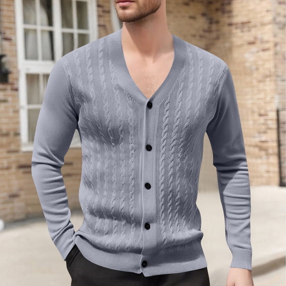 gbyLJF Men's V-neck Knitted Cardigan Solid Color Long Sleeve Open Front Sweaters Casual Slim Fit Button Down Sweater Coat