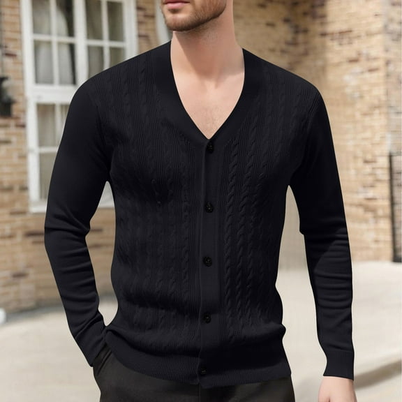 gbyLJF Men's V-neck Knitted Cardigan Solid Color Long Sleeve Open Front Sweaters Casual Slim Fit Button Down Sweater Coat