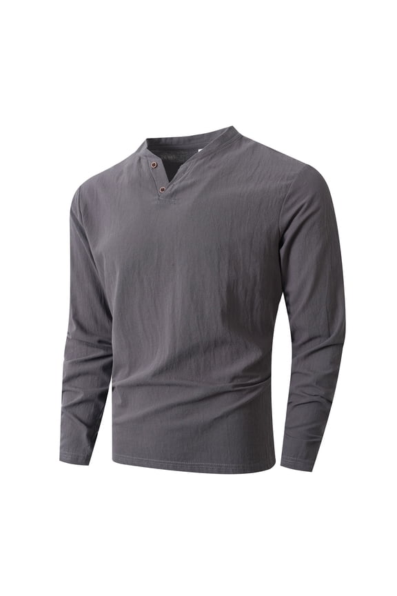 Men's V-neck Sweatshirt Solid Color Cotton Linen Pullover Top Lightweigh Breathable Long Sleeve Blouse Casual Base Layer Shirt