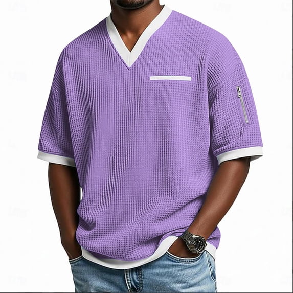 gbyLJF Men's V-neck T-shirts Color Blocked Short Sleeve Casual Tee Shirts Loose Fit Breathable Summer Tops with Zipper Pocket