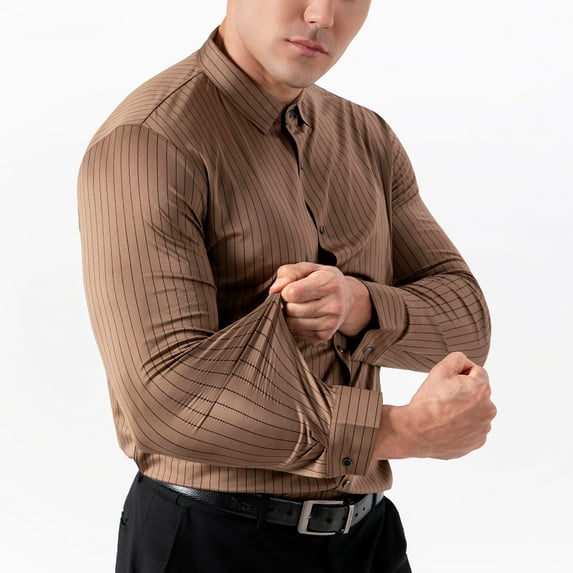 gbyLJF Men's Vertical Striped Dress Shirt Long Sleeve Button Down Shirt Turndown Elastic Soft Wrinkle-Free Blouse