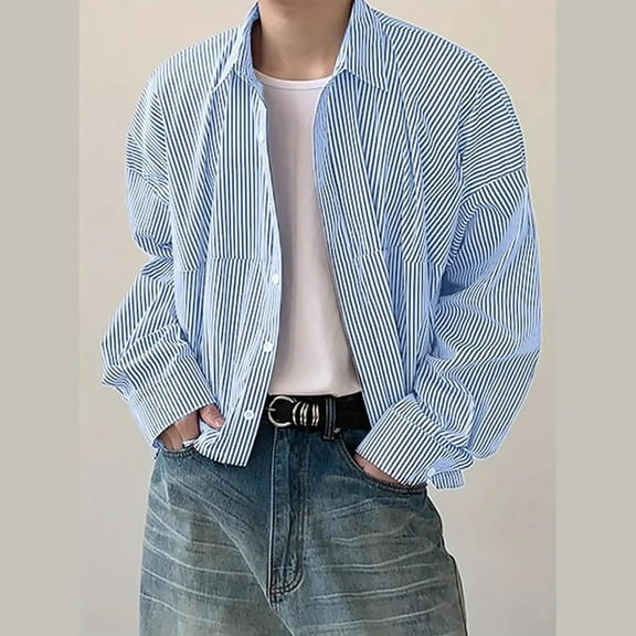 gbyLJF Men's Vertical Striped Shirt Classic Regular Fit Button Down Shirts Daily Casual Lapel Long Sleeve Blouse
