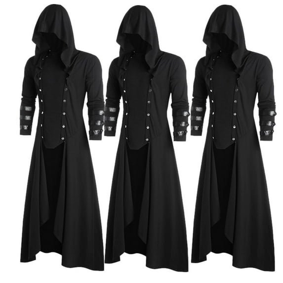 gbyLJF Men's Vintage Gothic Frock Dress Coat Steampunk Hooded Jacket Halloween Costume Stage Costume Button Up Coats