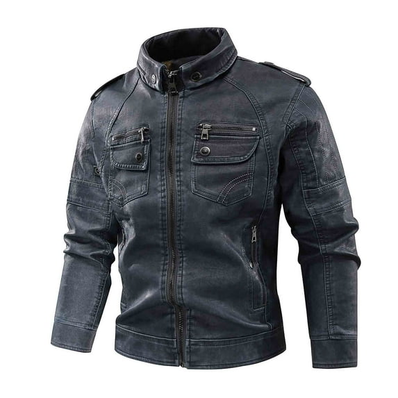gbyLJF Men's Vintage Stand Collar Leather Jacket Multi-pocket Fleece-Lined Zipper Coat Long Sleeve Solid Color Washed Jackets