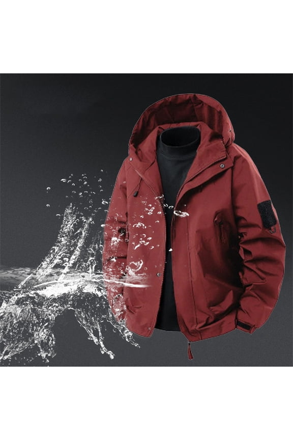 Men's Windbreaker Jacket Casual Solid Color Long Sleeve Full-zipper Coat Waterproof Drawstring Hooded Top with Multiple Pockets