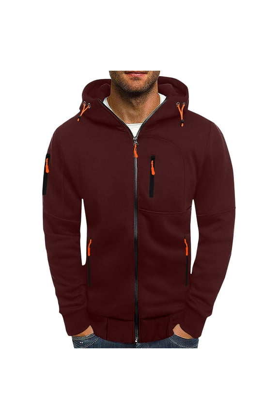 Men's Zipper Coat Solid Color Drawstring Hooded Top Slim Fit Long Sleeve Jacket with Multiple Zippered Pockets