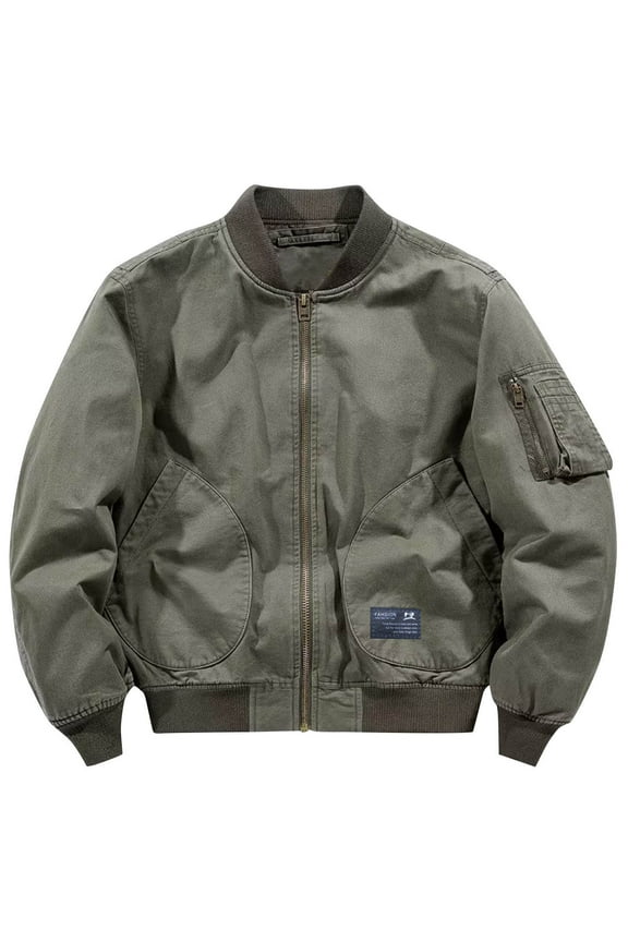 Men's Zipper Flight Jacket Solid Color Vintage Long Sleeve Coat Fall Winter Fall Winter Casual Work Jackets with Pockets