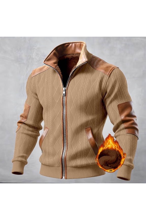 Men's Zipper Jackets Long Sleeve Leather Patchwork Tops Coats Fleece Stand Up Collar Color Blocked Jacket with Pockets