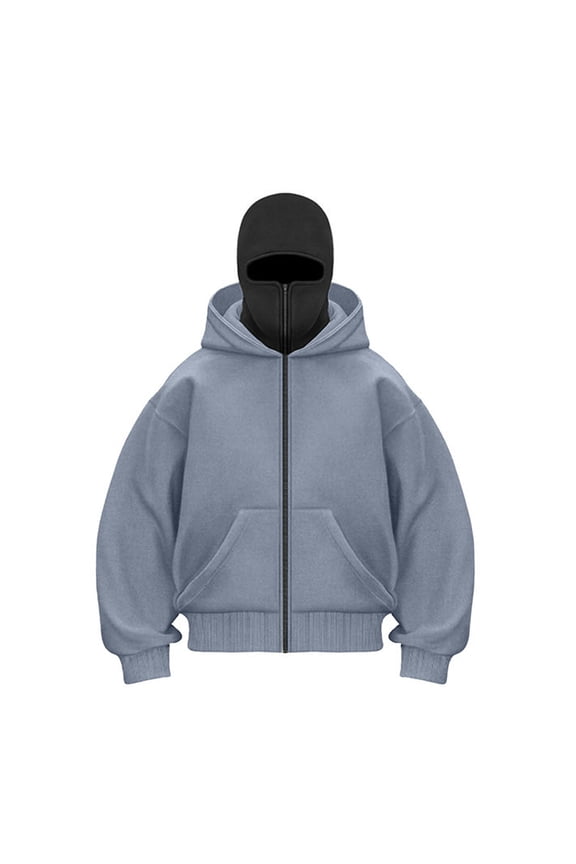 Men's Zipper Mask Top Casual Loose Solid Color Long Sleeve Hooded Cardigan Windbreaker Jacket with Pockets