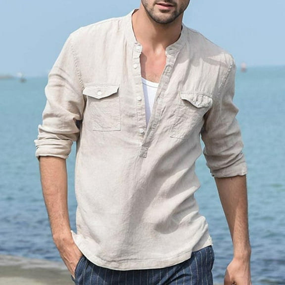 gbyLJF Mens Casual Shirts Long Sleeve Half Button Down Round Neck Blouse Solid Color Open Front Loose Fit Shirt