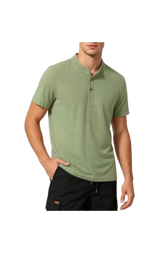 Mens Crew Neck Shirts Short Sleeve Cotton Linen Tops Casual Summer Button Up Pullover T-Shirts with Buttons