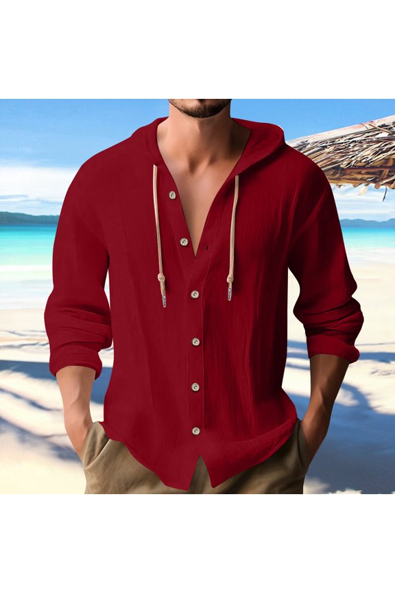 Mens Lightweight Hoodie Button Down Long Sleeve Shirts Solid Color Drawstring Cardigan