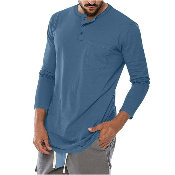 gbyLJF Mens Long Sleeve Shirts Quarter Button Down Round Neck Blouse Flexible Solid Color Casual Tops with Pocket