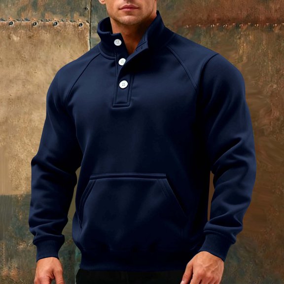 gbyLJF Mens Stand Up Collar Sweaters Fleece Solid Color Button Collar Pullover Sweatshirts Warm Winter Long Sleeve Hoodless Tops with Pocket