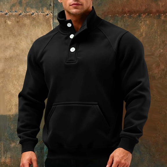 gbyLJF Mens Stand Up Collar Sweaters Fleece Solid Color Button Collar Pullover Sweatshirts Warm Winter Long Sleeve Hoodless Tops with Pocket