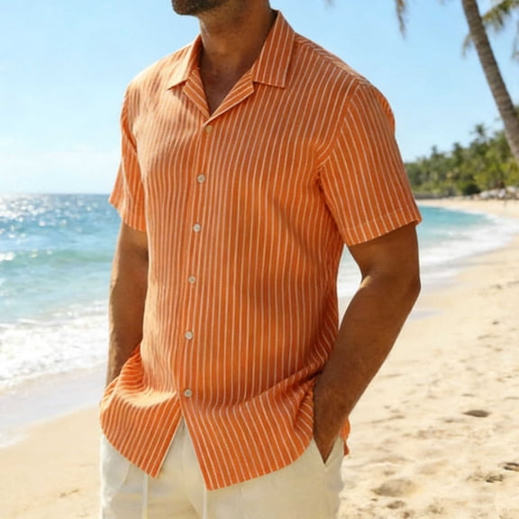 gbyLJF Mens Summer Striped Shirts Casual Short Sleeve Button Up Shirt Lightweight Turndown Collar Beach Shirts