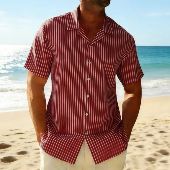 gbyLJF Mens Summer Striped Shirts Casual Short Sleeve Button Up Shirt Lightweight Turndown Collar Beach Shirts