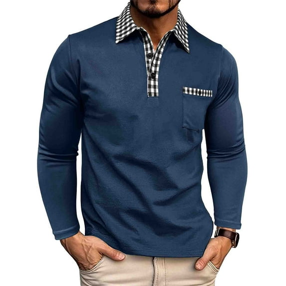 gbyLJF Mens Turndown Collar T Shirts Spring Plaid Patchwork Long Sleeve Tops Casual Business Pocket Shirts Tee