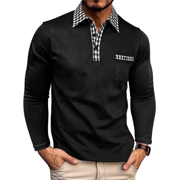 gbyLJF Mens Turndown Collar T Shirts Spring Plaid Patchwork Long Sleeve Tops Casual Business Pocket Shirts Tee