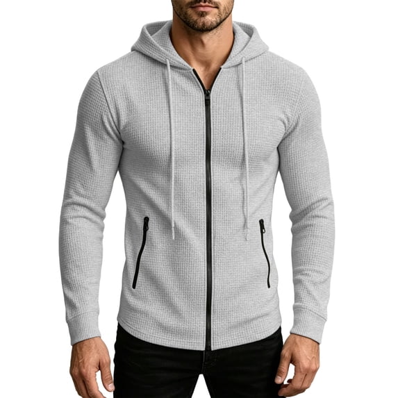 gbyLJF Mens Zip Up Waffleknit Hoodies Fitted Running Workout Sweatshirt Sports Hooded Jacket with Zipper Pockets