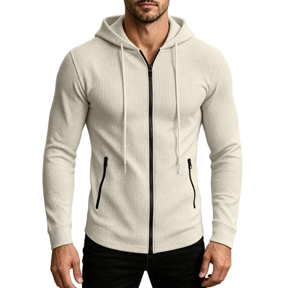 gbyLJF Mens Zip Up Waffleknit Hoodies Fitted Running Workout Sweatshirt Sports Hooded Jacket with Zipper Pockets