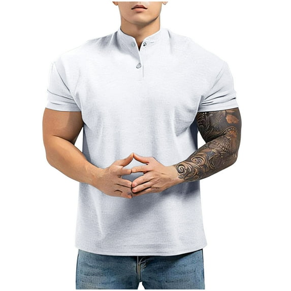 gbyLJF Mne's Stand Up Neck Tops Short Sleeve T-shirt with Two Buttons Solid Color Pullover Shirts for Summer