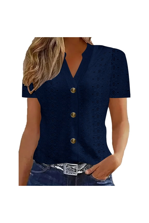 Open Front Tops for Women Solid Color Casual Eyelet Short Sleeve Tunic Top Shirts Button Up Summer Blouses