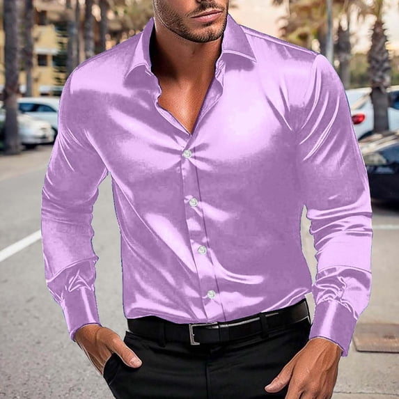 gbyLJF Party Shiny Shirts for Men Long Sleeve Casual Stretch Satin Shirt Button Down Blouses Wedding Dress Shirts