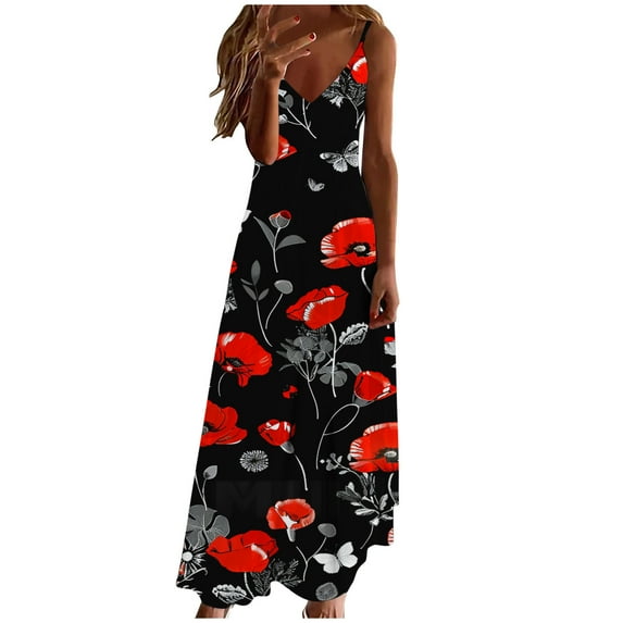 gbyLJF Plus Size Dress with Pockets Stretchy Dress Floral Chiffon Dress Plus Size Dress Form A01_Red L