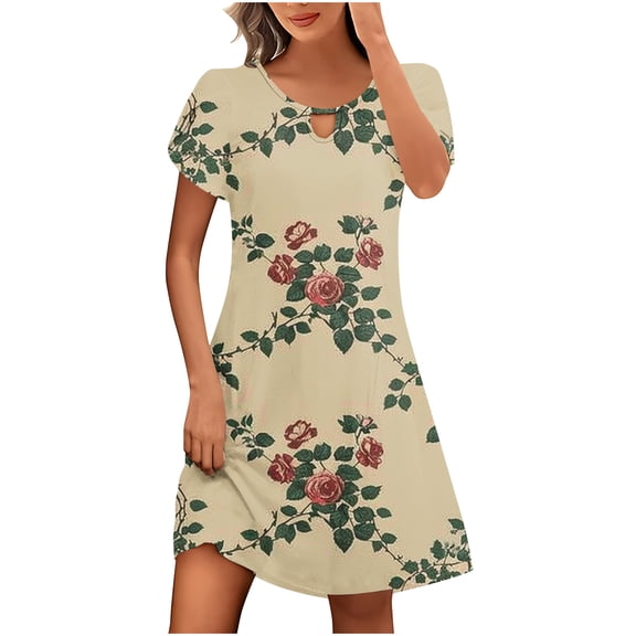 gbyLJF Plus Size V Neck Dress Formal Summer Dress Floral Dress for Women Womens Party Dress Beige L