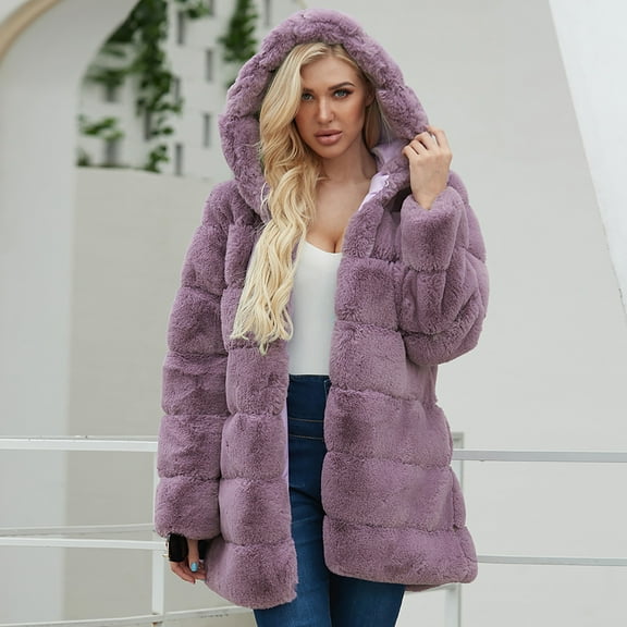 gbyLJF Plush Coat for Women 2024 Winter Fashion Long Sleeve Fleece Jackets Front Open Faux Fur Outerwear Purple XXL