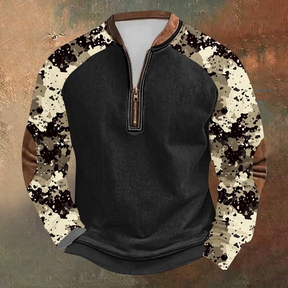 gbyLJF Quarter Zip Pullover for Men Midweight Camouflage Printed Round Neck Top Vintage Casual Long Sleeve Sweatshirts