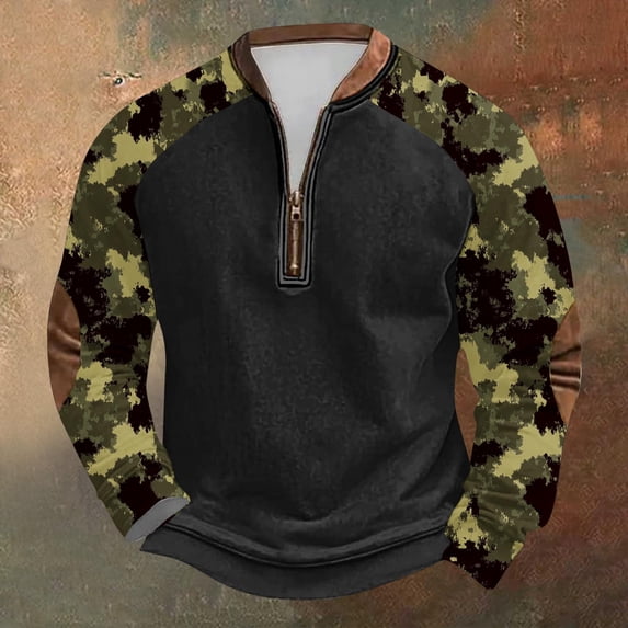 gbyLJF Quarter Zip Pullover for Men Midweight Camouflage Printed Round Neck Top Vintage Casual Long Sleeve Sweatshirts