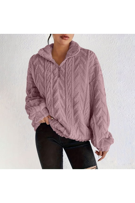 Quarter Zip Pullover for Women Double-sided Fleece Solid Color Jacquard Top Winter Woolen Thickened Dweaters