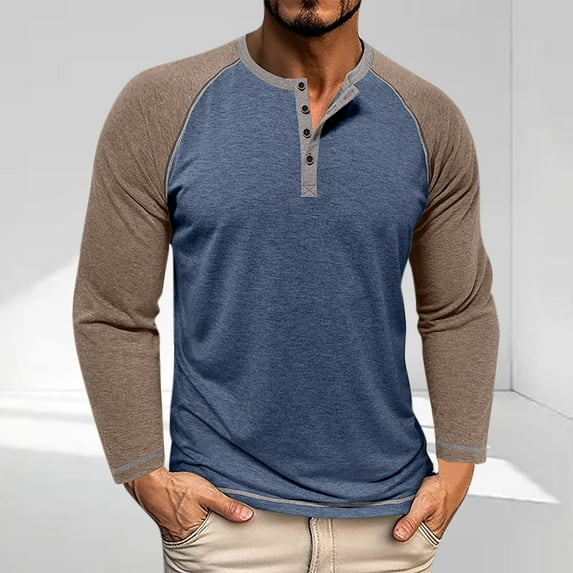 gbyLJF Round Neck Long Sleeve Shirts for Men Casual Loose Fit Buttun Down Pullover Solid-color Patchwork Loose Fit Breathable Top