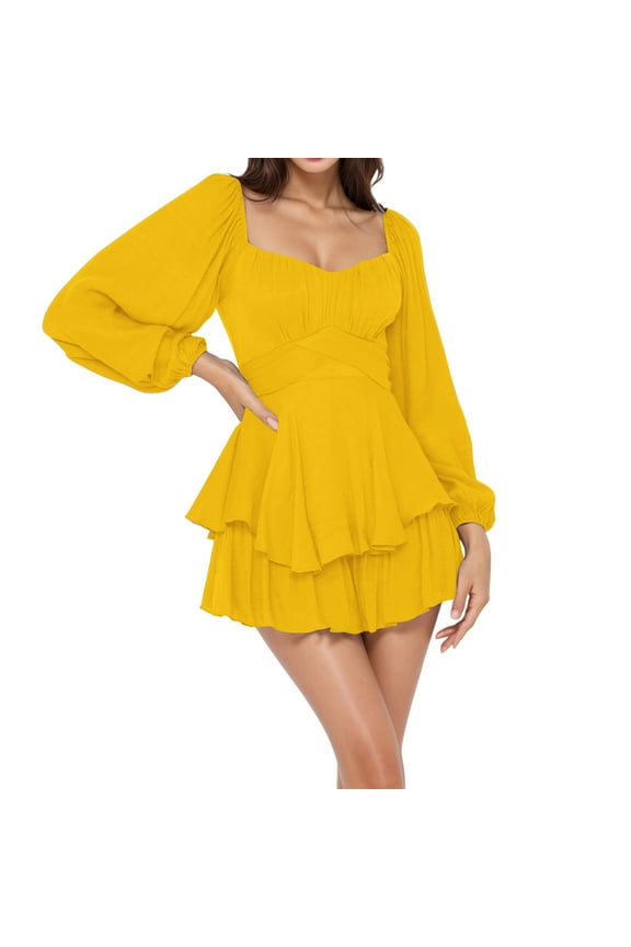 Ruffle Wrap Dress for Women Date Night Dress Womens Square Neck Dress Dress Floral Print Yellow XXL