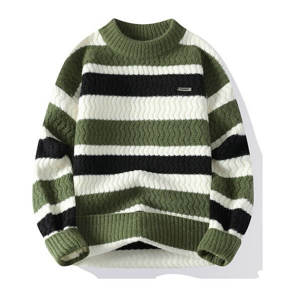 gbyLJF Semi-turtleneck Sweater for Men Loose Fit Striped Color-blocked Pullover Warm Knitted Top for Aautumn and Winter