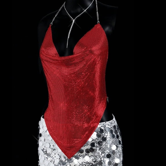 gbyLJF Sequin Halter Neck Tops for Women V Neck Glitter Shirts Sparkly Open Back Tank Top for Party Club Night Disco Concert