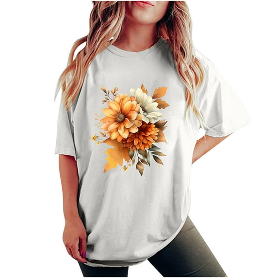 gbyLJF Short Sleeve Shirts for Women Plus Size Drop Shoulder T Shirts 2024 Trendy Floral Print Crew Neck Tee Tops White XXL