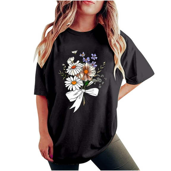 gbyLJF Short Sleeve Tops for Women, 2024 Summer Ladies Tee Trendy Floral Print Shirts Loose Fit Cotton T Shirt Black XL