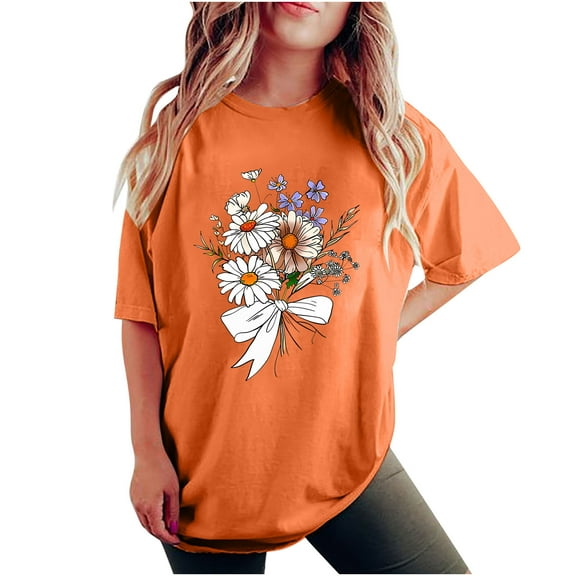 gbyLJF Short Sleeve Tops for Women, 2024 Summer Ladies Tee Trendy Floral Print Shirts Loose Fit Cotton T Shirt Orange L