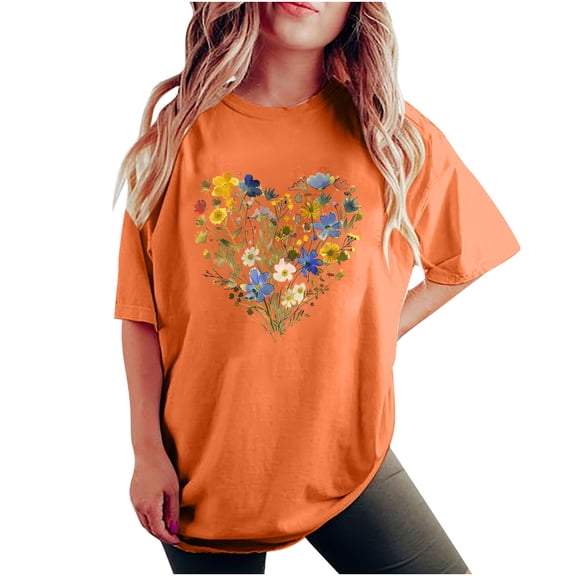 gbyLJF Short Sleeve Tunic Tops for Women Cute Printed Crew Neck T Shirt Loose Outdoor Casual Summer Tee Orange XL