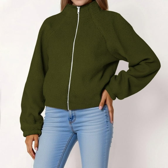 gbyLJF Short Zip Up Jackets for Women Fleece Stand Up Collar Long Sleeve Coat Solid Color Warm Casual Jacket Women's Outwear